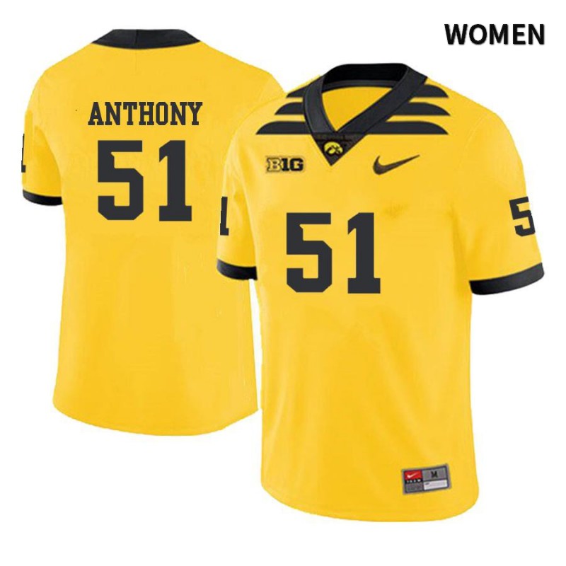 Women's Iowa Hawkeyes NCAA #51 Will Anthony Yellow Authentic Nike Alumni Stitched College Football Jersey TH34Y46BR